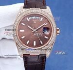 Swiss Replica Rolex Day Date Brown Stick Face Diamond Bezel Black Alligator Strap 3135 Watch
